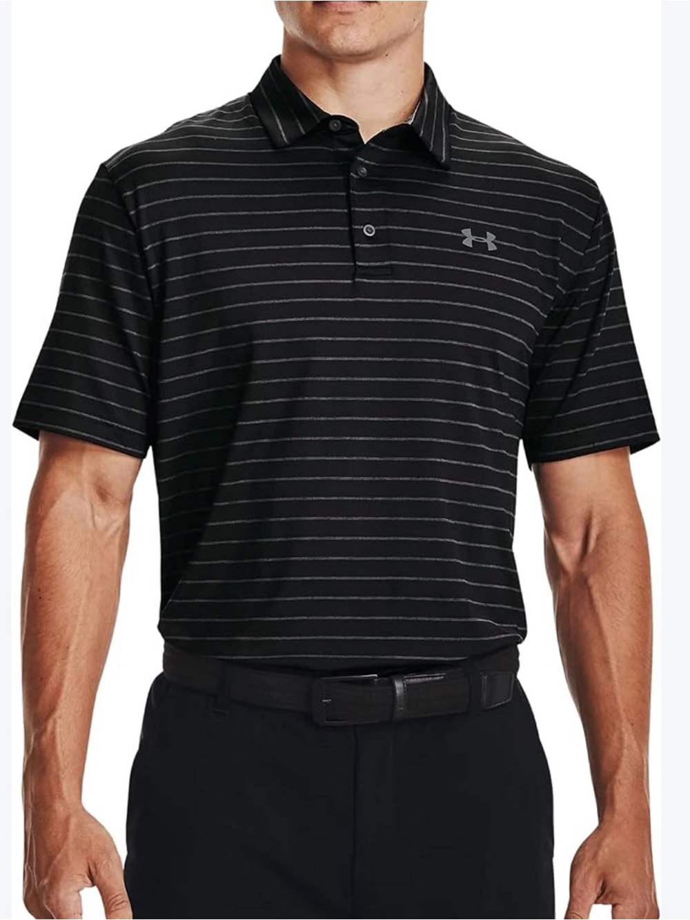 Men’s Under Armour THE PLAYOFF POLO Black with Thin Gray Stripes XXL